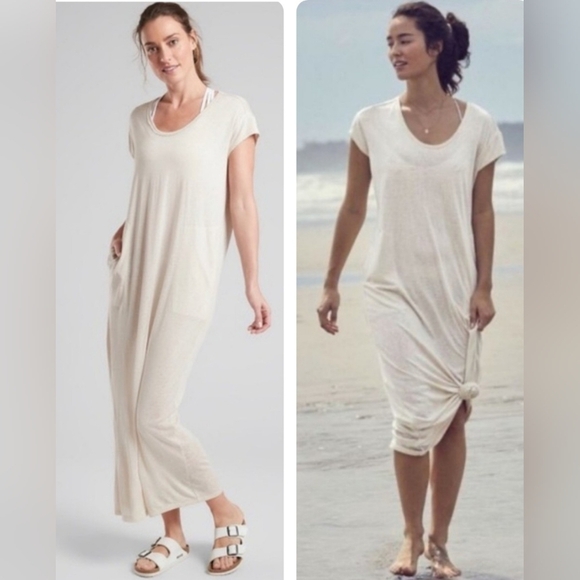 Athleta Semi-Sheer Martinique Maxi Soft Drapey Pockets Dress Asiago Ivory Size M - Picture 13 of 13